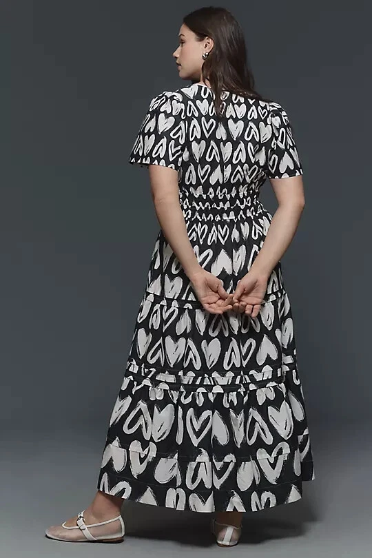 VALENTINO Anthropologie The Somerset Maxi Abito Cotone Stampa Cuori a Livelli Nero S Nuovo con etichette