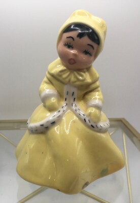 Ceramic 4  girl caroler in yellow winter coat hat mittens black hair lovely face