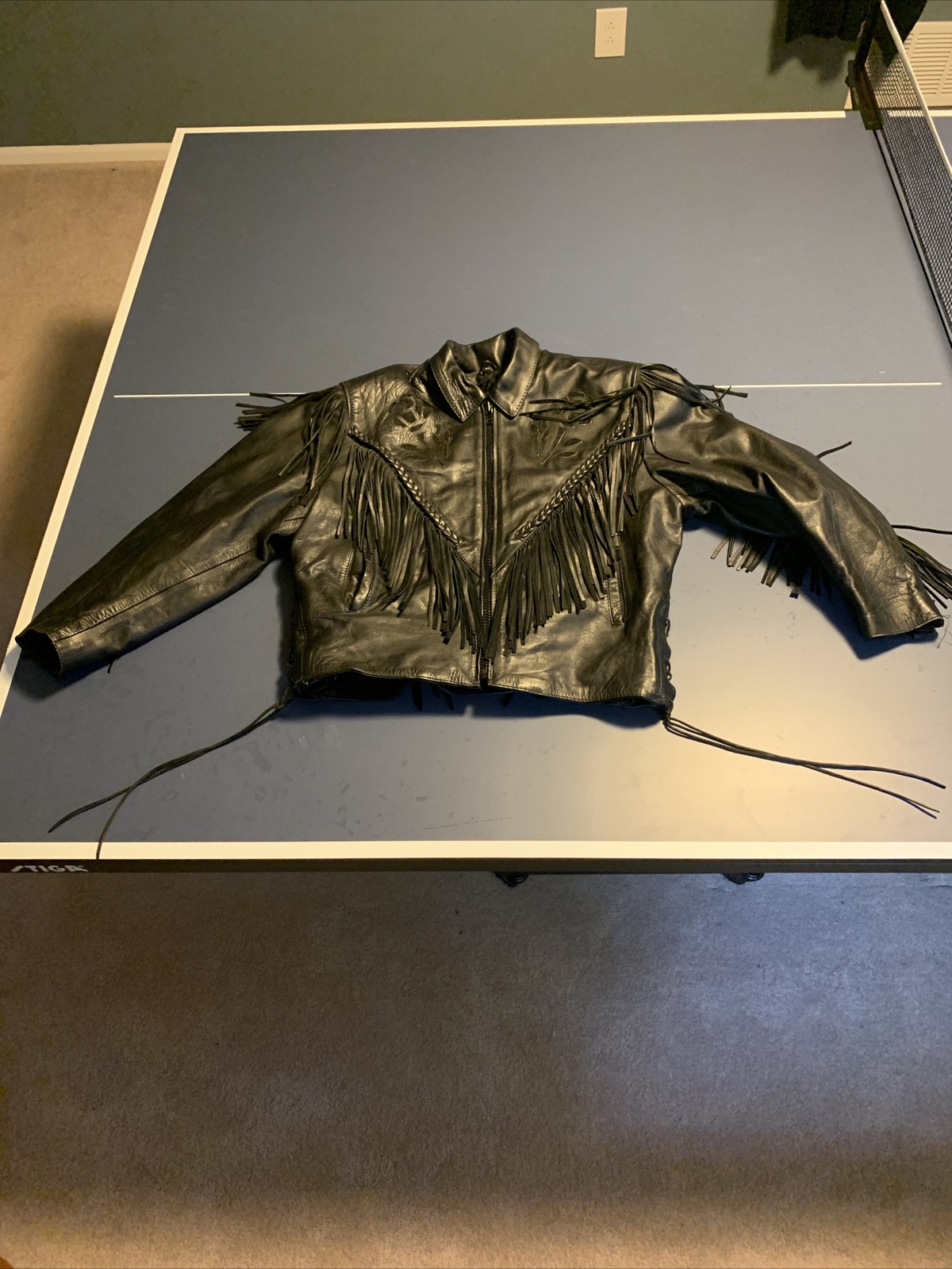 Vintage Unik Biker Jacket Black Leather Fringe Rose … Gem