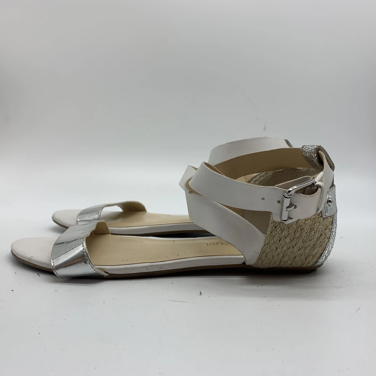 Enzo Angiolini Flat Summer Sandal Ankle Strap White Silver Size
