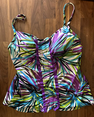 Caribbean Joe Womens Sz Tankini Swim Top Ruched Swimsuit Tropical  Geometric