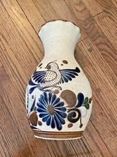 Tonala Mexico Hand Painted Folk Art Pottery Vase Flowers Bird 8.5"