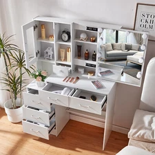 NEW Makeup Vanity Desk Set Dresser Table w/ LED Slide Mirror 6 Drawers