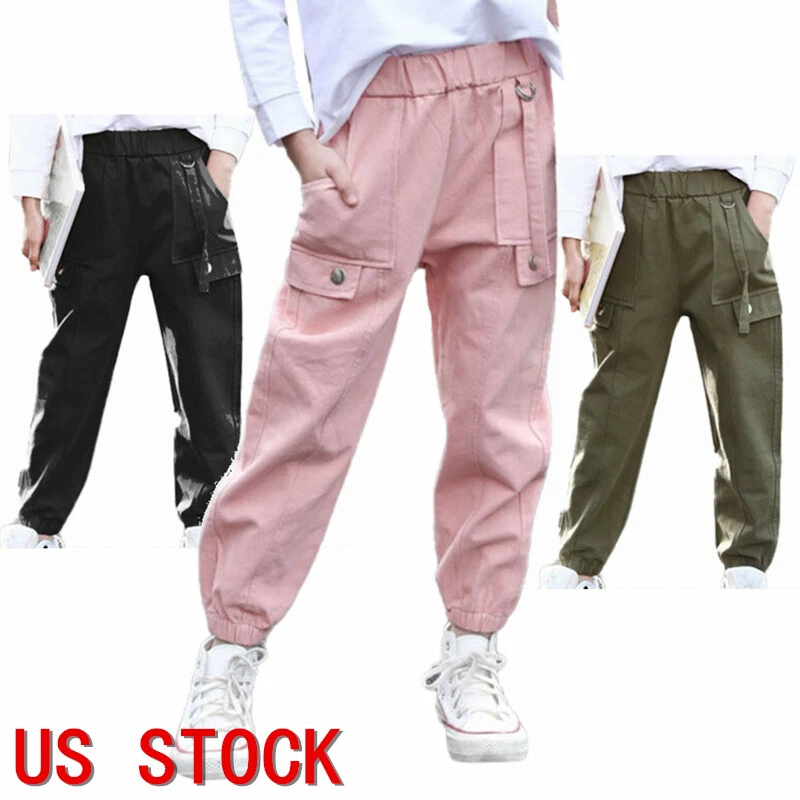 IEFIEL Girls Casual Jogger Cargo Pants Big Pockets Hip Hop Dance Pants  Hiking Climbing Sweatpants,Sizes 6-16 A Green 16