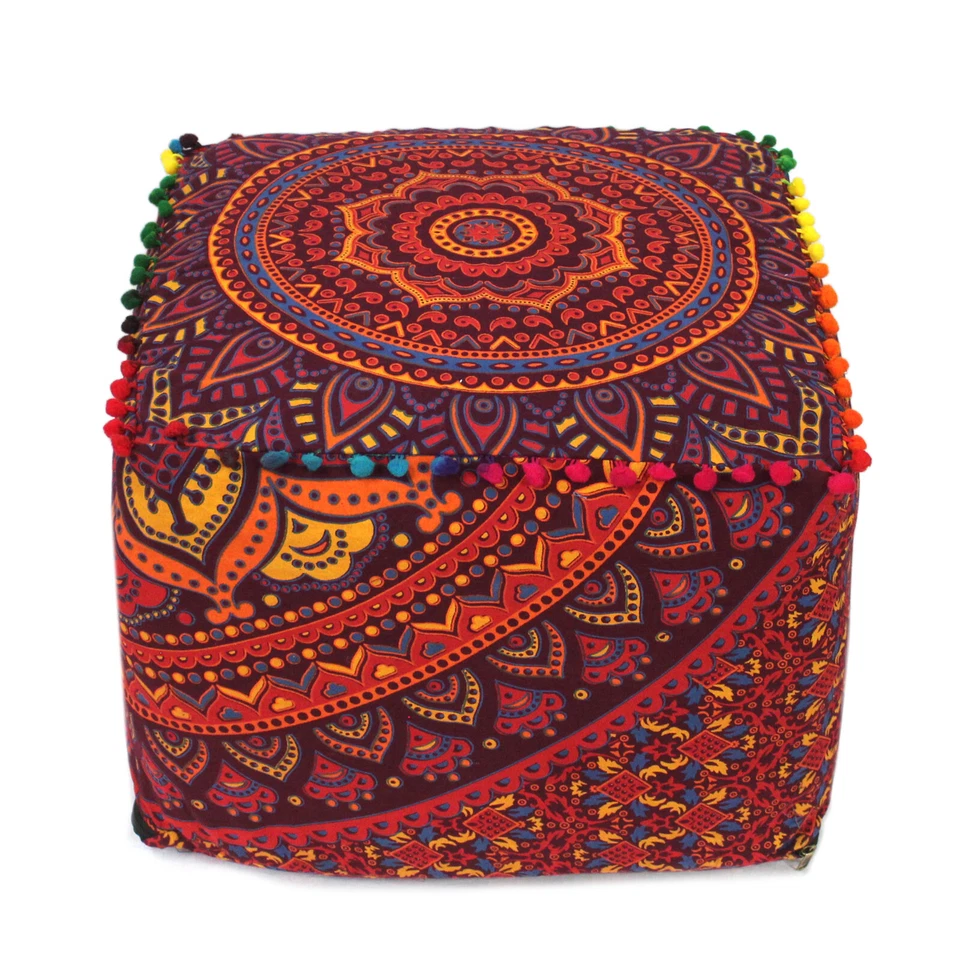 Square Ottoman Pouf Cover Indian Multi Red Mandala Footstool Cover All Size AU - Image 2 of 4
