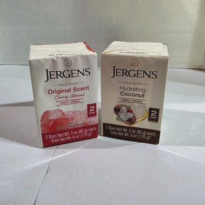 4 Bars of Jergens Mild Bar Soap 2-Original Cherry Almond 2-Hydrating Coconut New