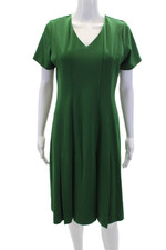 Tahari Women's V-Neck Shorts Sleeves Pleated Midi Shift Dress Green Size 8