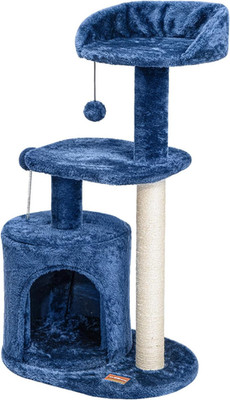 Clevahome Kleiner Katzenbaum in Denimblau   85 Cm Hoher Kratzbaum Mit Sisal-Krat