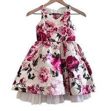 Rare Editions Girls Size 7 Floral Party Dress White Rose Print Tulle Wedding EUC