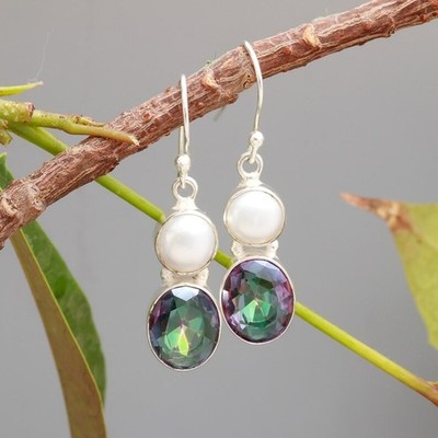 Nice Mystic Topaz, Pearl  925 Sterling Silver Handmade Earring B-157