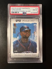 2003 Playoff Portraits Combo Silver #19 Torii Hunter Bat-Jsy #'d 22/25 PSA 8 