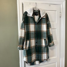Fashion Nova Women XL Plaid Button Up Fleece Hoodie Shirt Oversize Pockets (LS)