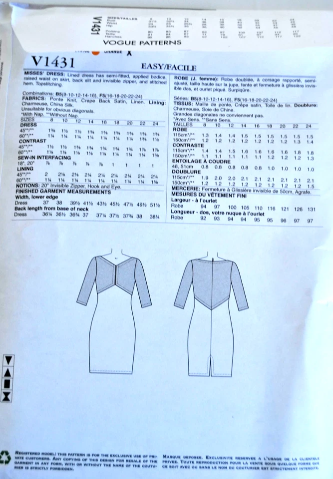 Schnittmuster Vogue V 1431 Designerschnitt Gr. 8 - 16 Kleid Cocktailkleid neu - Bild 2 von 2