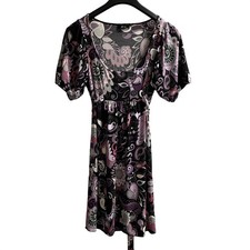 Vintage BCX Y2K Dress Womens M Dark Purple Floral Babydoll Jersey Knit Retro 70s