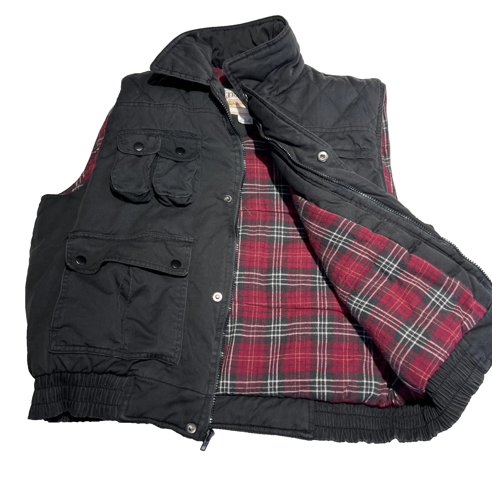 Trails End Hunting Vest Mens Large Black Flannel Lined Outdoor Puffer Gorpcore
