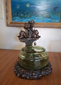 Vintage Old 80s 90s Aquarium 2 Hobo's Fishing - Fish Bowl Stand & Green Fishbowl