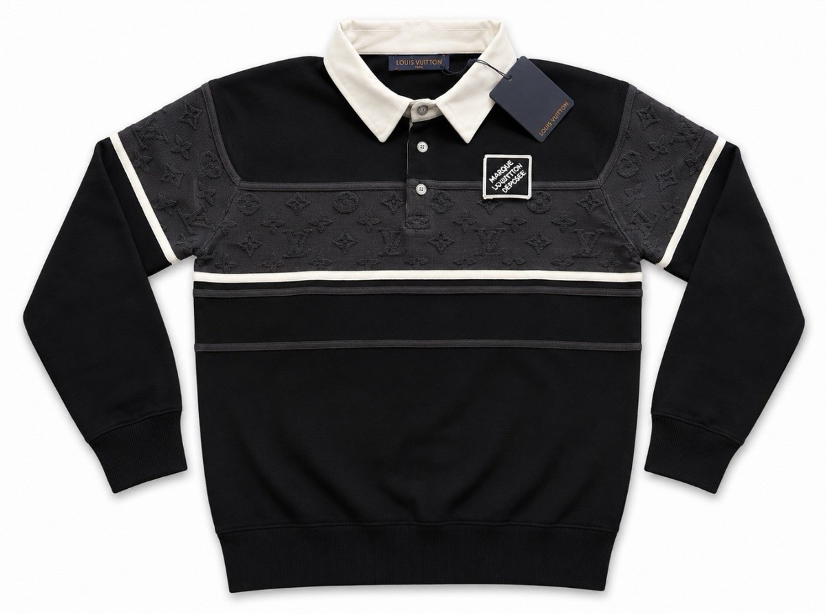 ルイヴィトン LOUIS VUITTON ブラック ポロシャツ XLサイズ Louis Vuitton Men's XL Black Monogram Long Sleeve Polo Shirt White