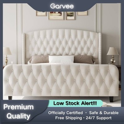 Velvet Upholstered Bed Frame Queen King Size 51'' Tall Wingback Headboard