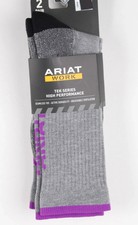 Ariat Women's 2 Pair Socks High Performance Crew Tek Work Sock Gray Purple