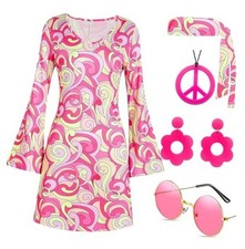 60s 70s Disco Outfit Hippie Costume Women, 1970 Style Clothes X-Large Pink