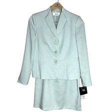 NWT Le Suit Women's Size 10 Shiny Pale Mint Jacquard Skirt Blazer Suit Wedding