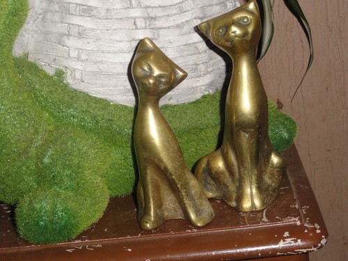2 Vintage Solid Brass Siamese Cats Figurines 6 1`/2" and 6" Tall