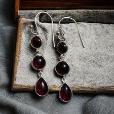925 Sterling Silver Dangle Red Garnet Tripal Drop Handmade Earrings