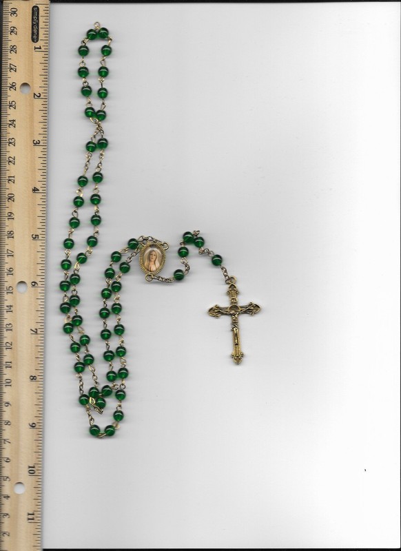 America Needs Fatima 30 Inch Green Glass Beaded Christian / Catholic Rosary