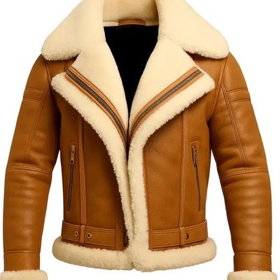 Men s RAF B3 shearling Aviator pilot sheepskin brown leather winter fur jacket