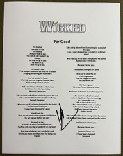 KRISTIN CHENOWETH SIGNED FOR GOOD LYRIC SHEET WICKED AUTOGRAPH AUTHENTIC COA