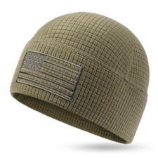 Grid Fleece Beanie with American Flag Embroidery Waffle Tactical Army Militar...