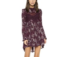 Free People Sweet Thing Purple Paisley Long Sleeve Open Back Boho Dress Size XS