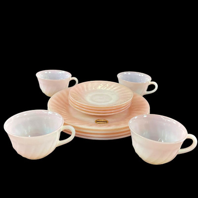 VTG RARE Set Anchorglass Fire King USA Pink Swirl Plates Cups Saucers Heat Proof