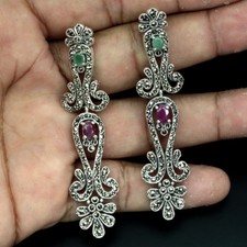 925 Argent Sterling Boucles Ovale Rubis Émeraude Marcassite Précieuse Bijoux