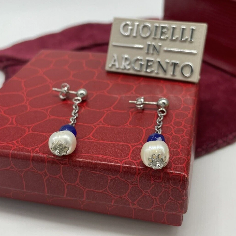 Orecchini di perle pendenti naturali bianche pietre blu argento925 vintage donna - Immagine 2 di 4