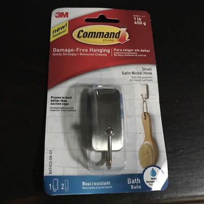 Command 076308728588 Bath, Satin Nickel, 1-Hook, 2-Small Water-Resistant Strips 