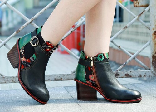 Women's Genuine Leather Retro Comfortable block heel zipper Ankle boots shoes - Picture 3 of 9