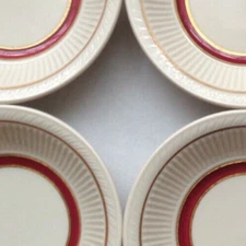 Shenango China Dinner Plates Ribbed Maroon Gold Trim (4)