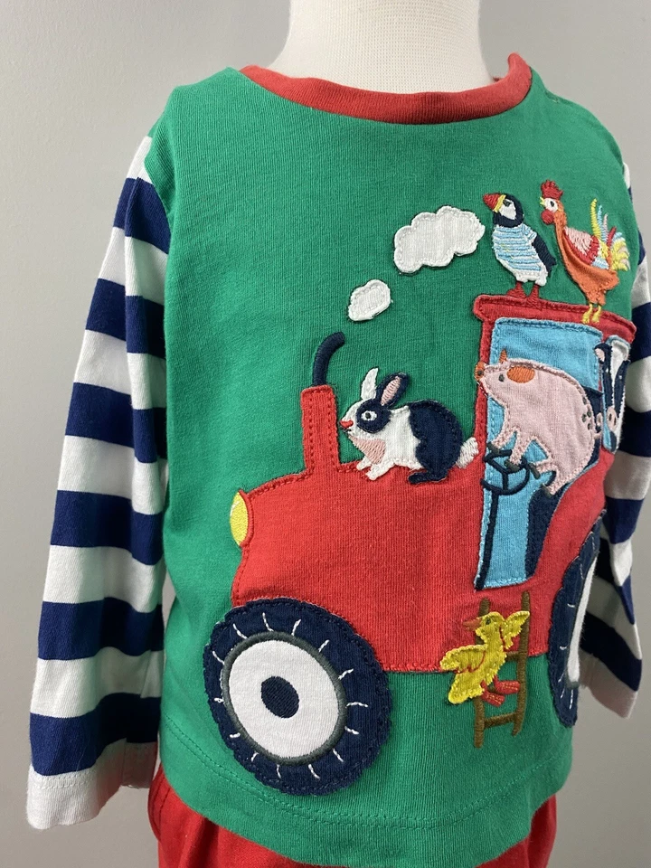 Camiseta Baby Boden Manga Larga Verde Jersey Algodón Azul Rayas Granja Talla 6-9 Meses Foto 2 de 4