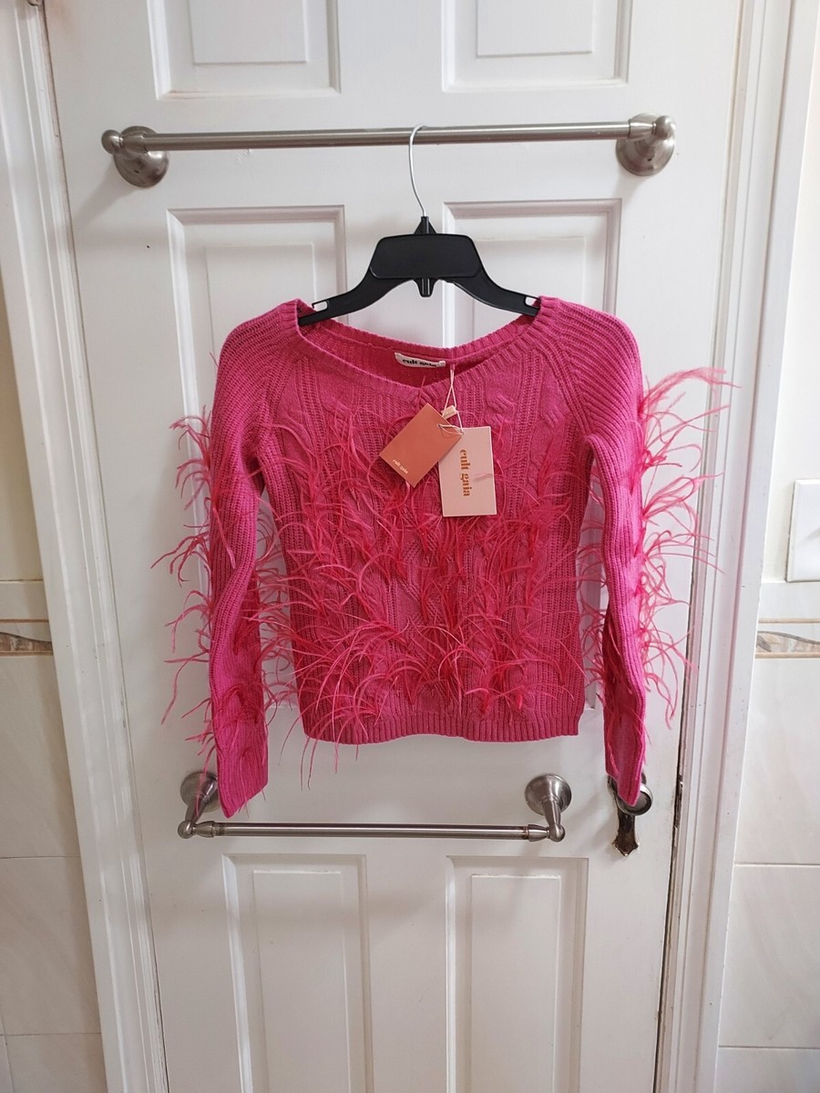 Cult Gaia Ostrich Feather Ribbed Pink Sweater Size 12Y fits WOMENS