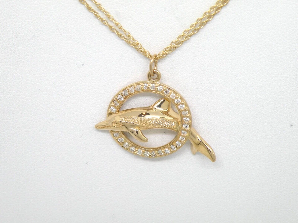 Auténtico colgante Kabana oro amarillo 14k, delfín en círculo de diamantes NUEVO Foto 3 de 4