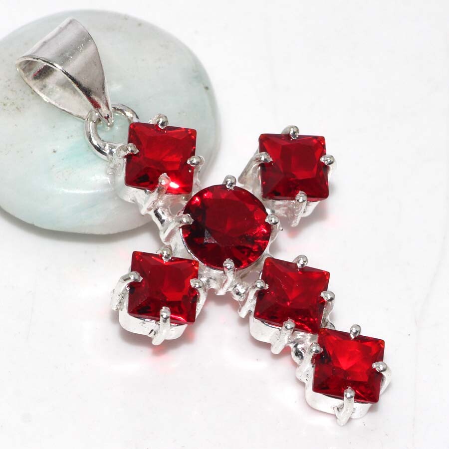 Garnet 925 Silver Plated Cross Gemstone Pendant 1.7