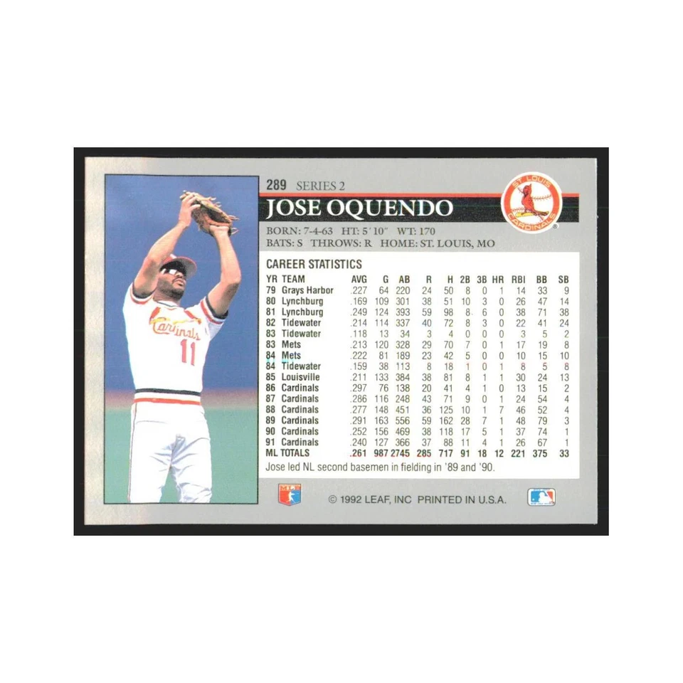 1992 Leaf Jose Oquendo Cardinals #289.0 - Image 2 of 3