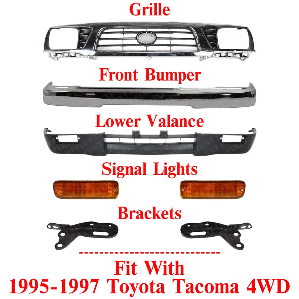 Front Bumper Chrome Steel Kit +Grille +Signal Lights For 1995-1997 Toyota Tacoma - Image 2 of 4