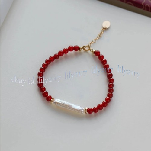 4mm Red Jade Round Beads Natural White Freshwater Rectangle Pearl Bracelet 7.5'' - Picture 5 of 6
