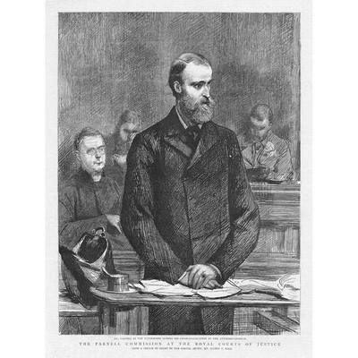 Charles Parnell im Zeugenkasten im Kreuzverhör - antiker Druck 1889