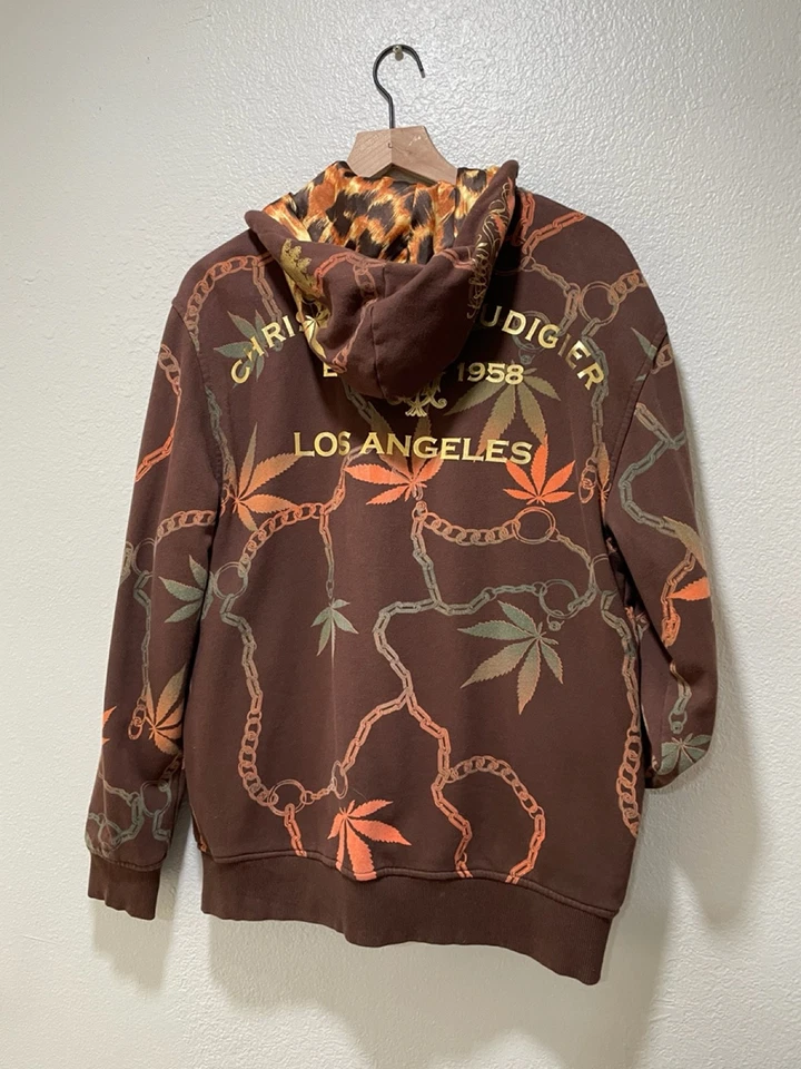 Мужская коричневая двусторонняя толстовка с капюшоном леопард Christian Audigier размер средний 2000-е - Изображение 2 из 4