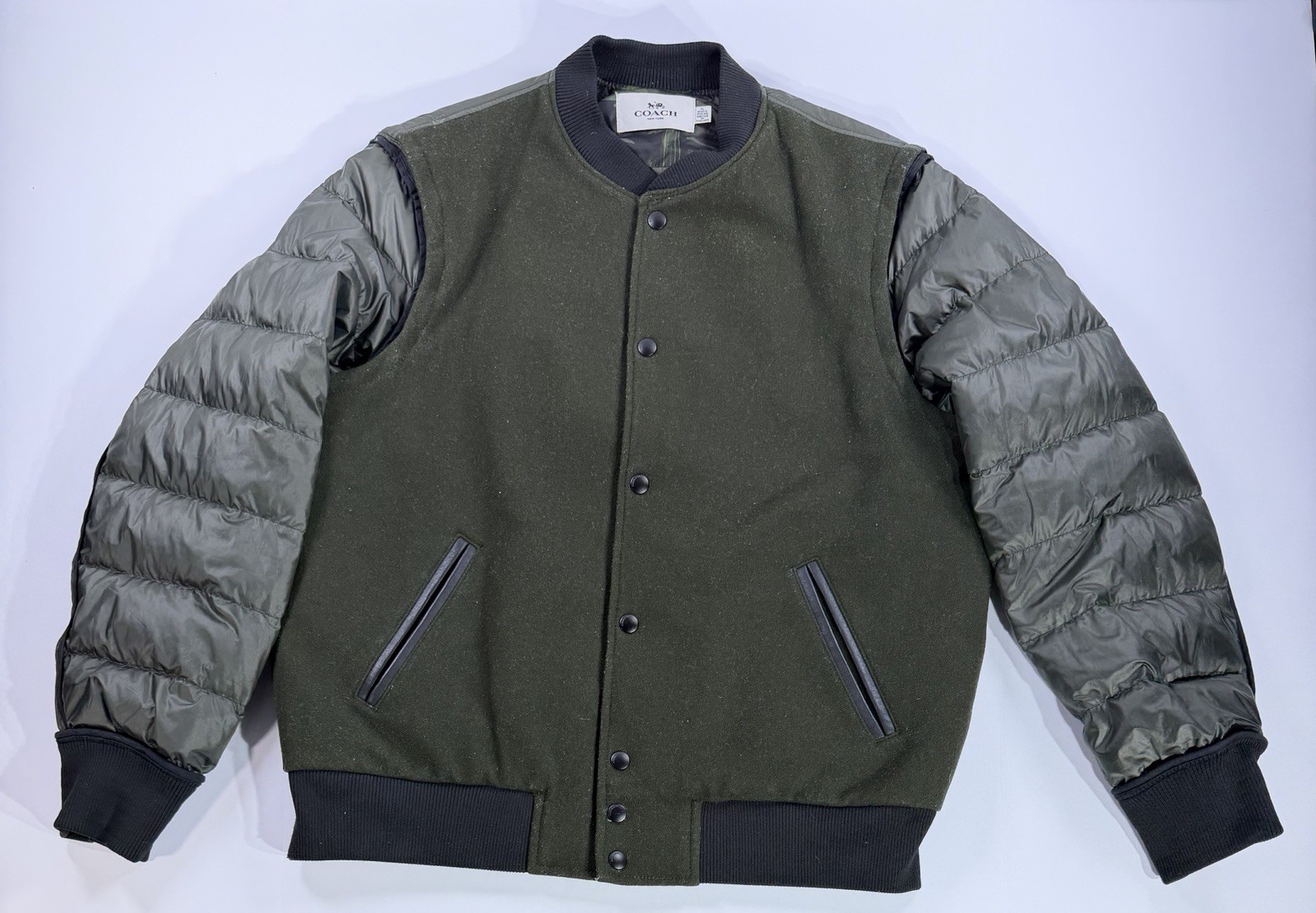 Coach Wool Down Varsity Jacket Green Leather Trim… - image 1