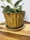 VTG 0375 McCOY POTTERY Yellow Brown Drip Glaze Bamboo Planter Saucer Flower Pot