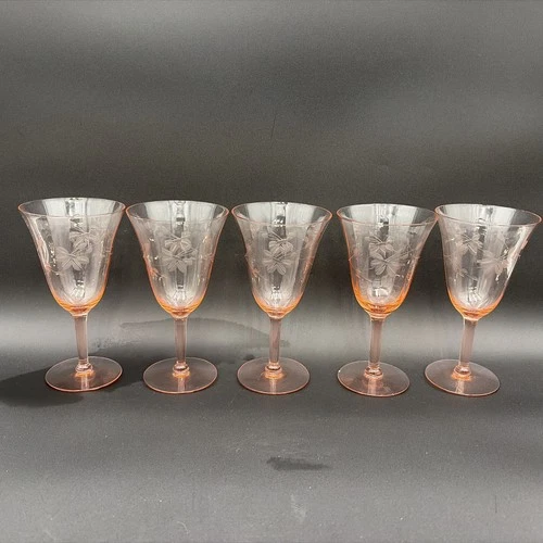 Vintage Set Of Five 6.5” Tall Pink  Glass Etched Stemware Wine Glass